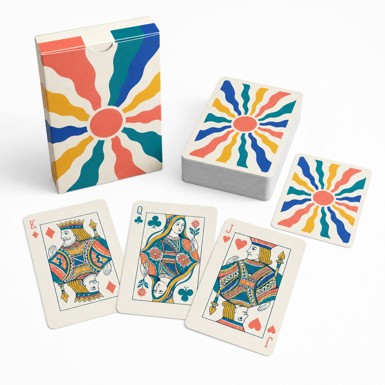 Custom Colorful Smiling Sun Pattern Playing Card Set with Radiant Lines Factory Direct Board Game Poker Cards