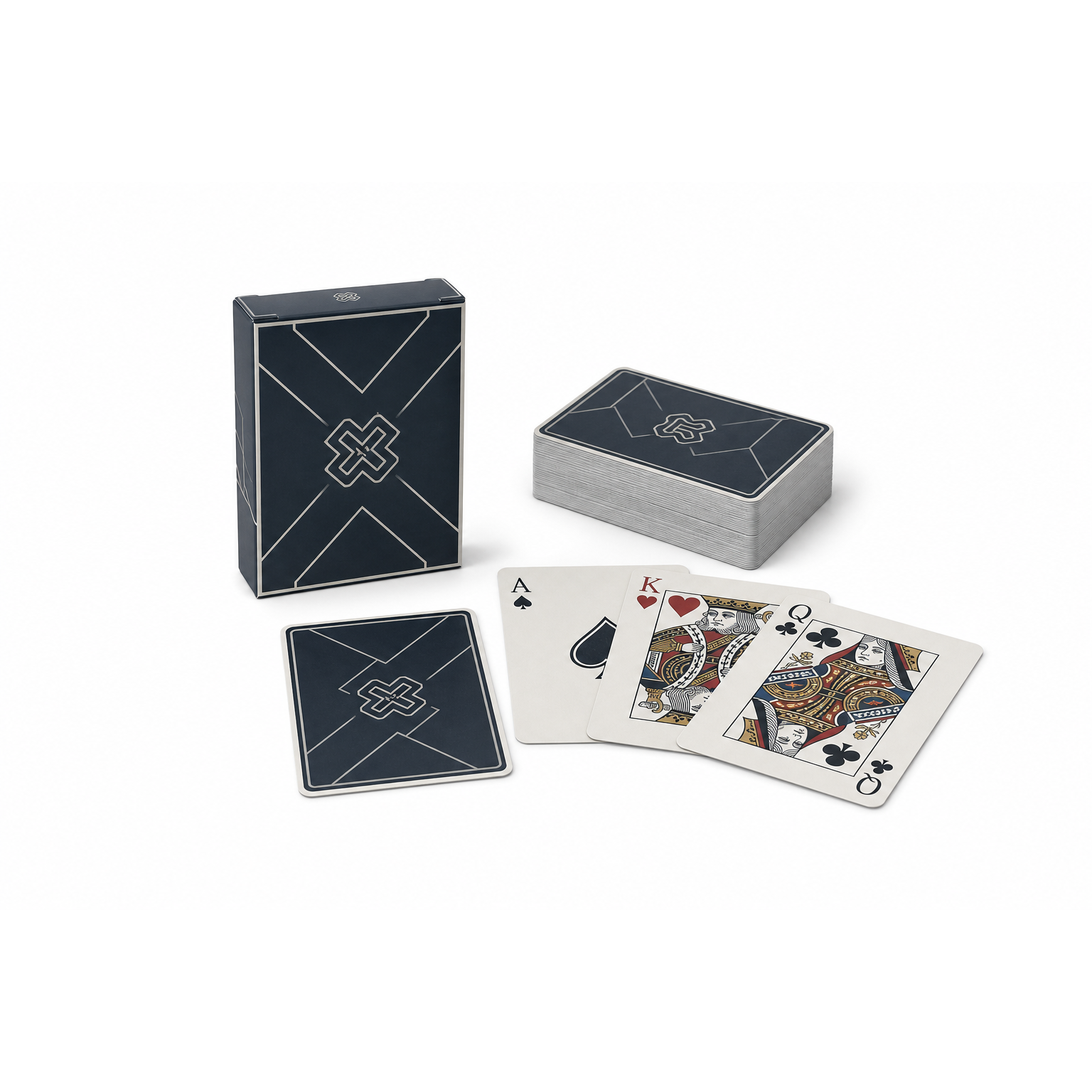 Custom Matte Black Blue Poker Card Set with Minimalist White Overlap Pattern Box Factory