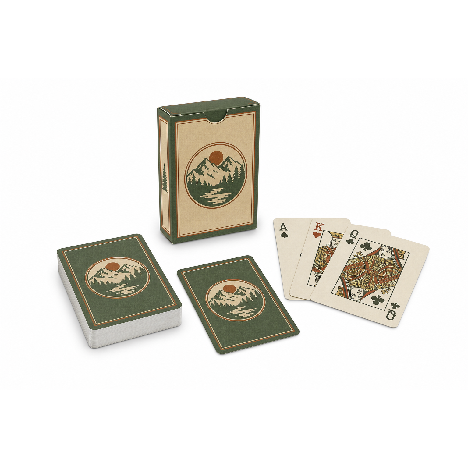 Custom Vintage Style Playing Card Set with Mountain Tree Pattern Green Box Factory Poker Cards for Gift and Game Use