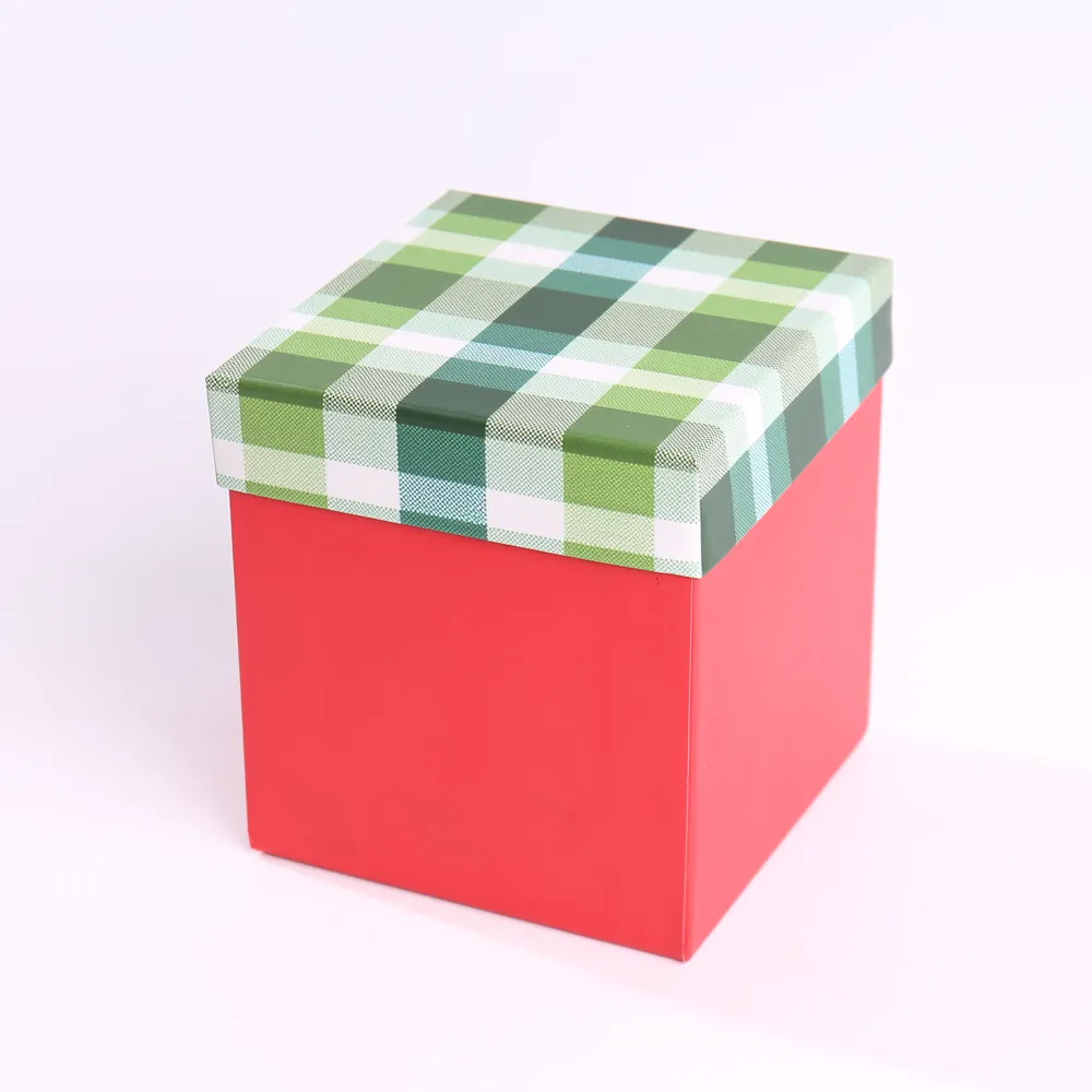 Christmas Red Square Lid-and-Base Gift Box with Green Plaid Lid