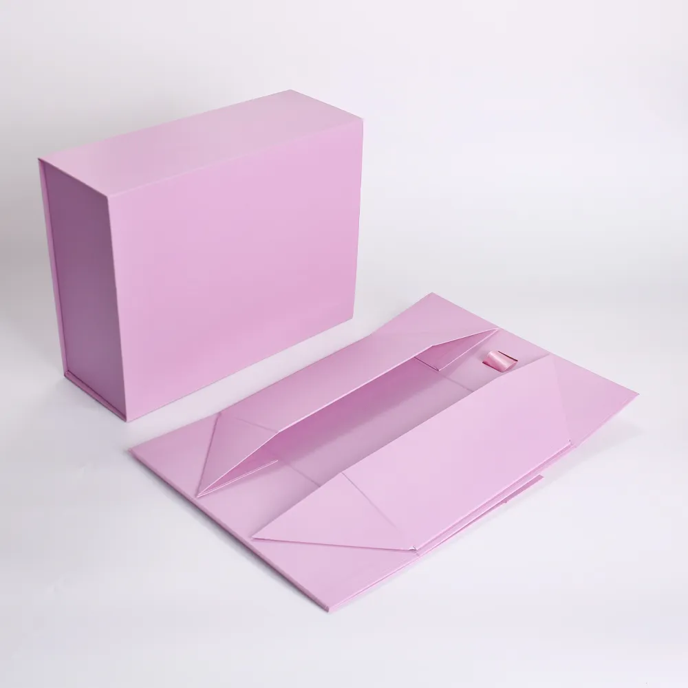 Foldable Pink Magnetic Gift Box with Ribbon Tie