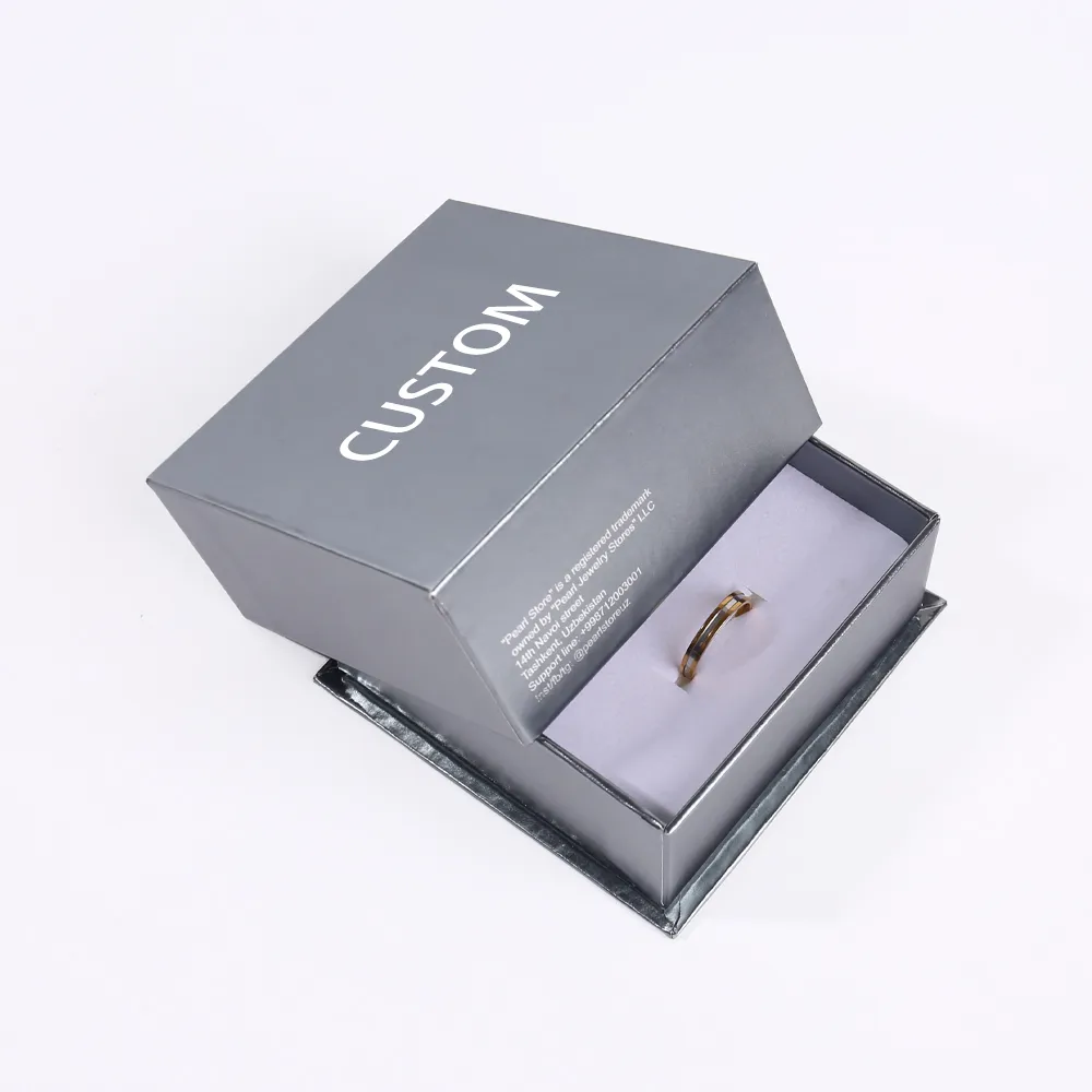 Metallic Silver Lid and Base Jewelry Box with Ring Insert