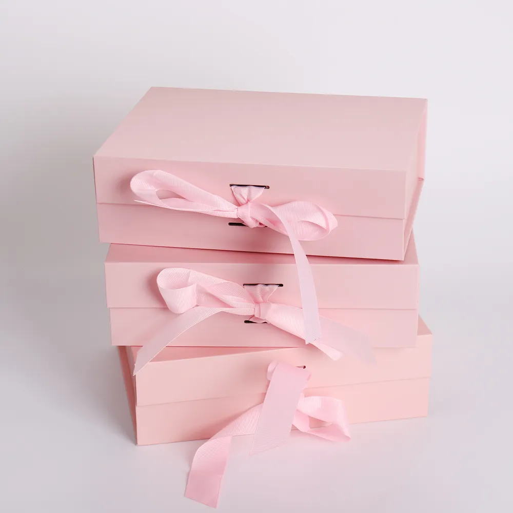 Pink Foldable Magnetic Gift Box with Ribbon Tie