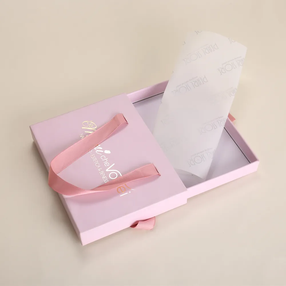 Pink Rigid Drawer Box with Ribbon Handles and Gold Foil Logo