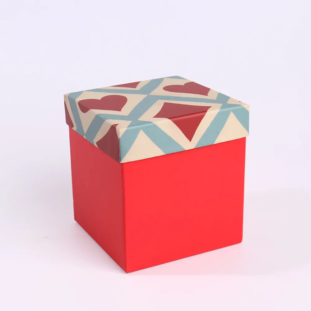 Red Christmas Lid and Base Gift Box with Heart Patterned Lid