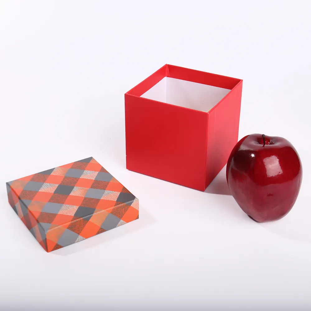Red Square Christmas Gift Box with Plaid Lid