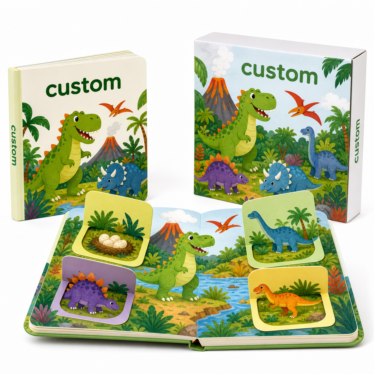Custom Dinosaur Lift-the-Flap Board Book with Full-Color Printed Packaging